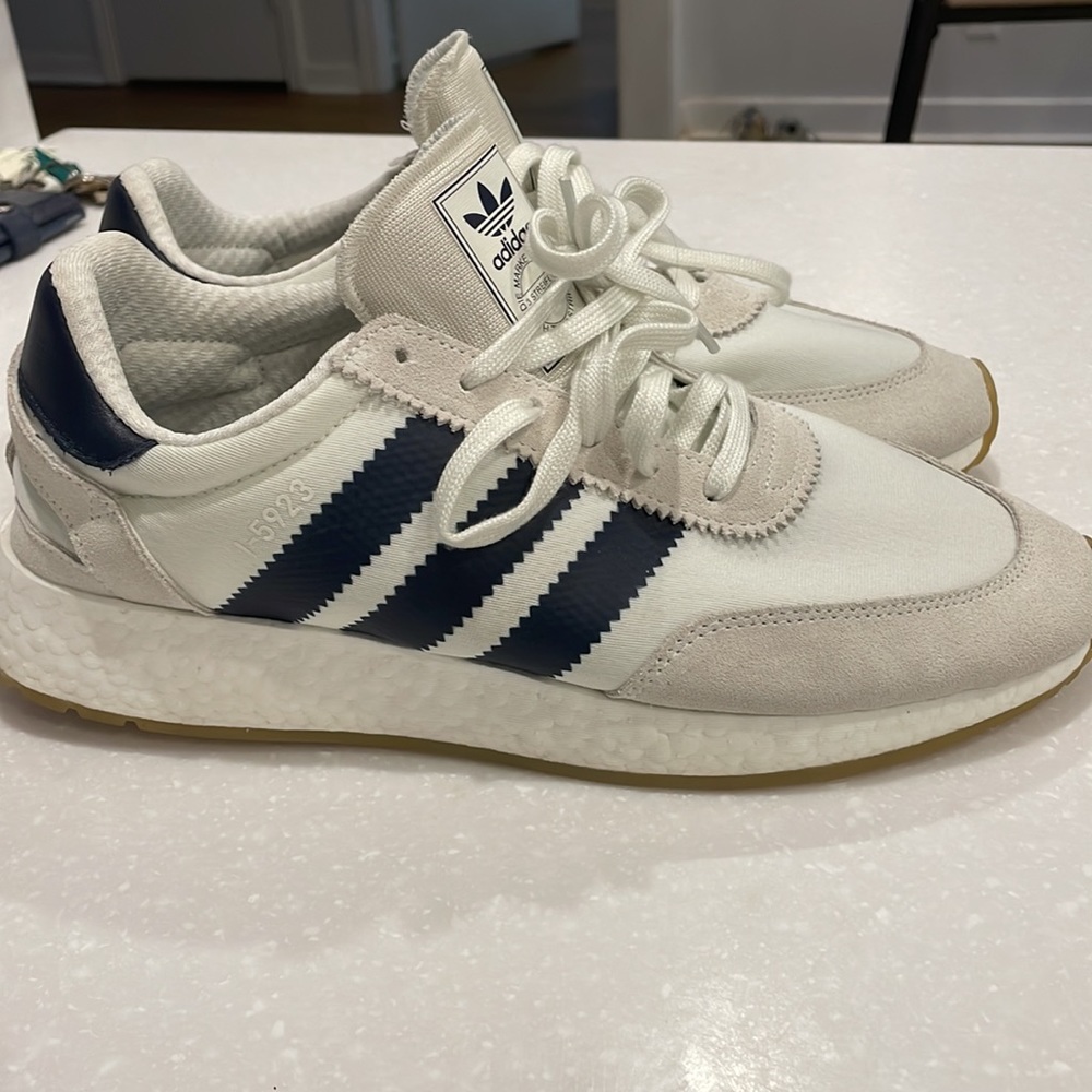 White and blue Adidas Iniki running shoes 9.5